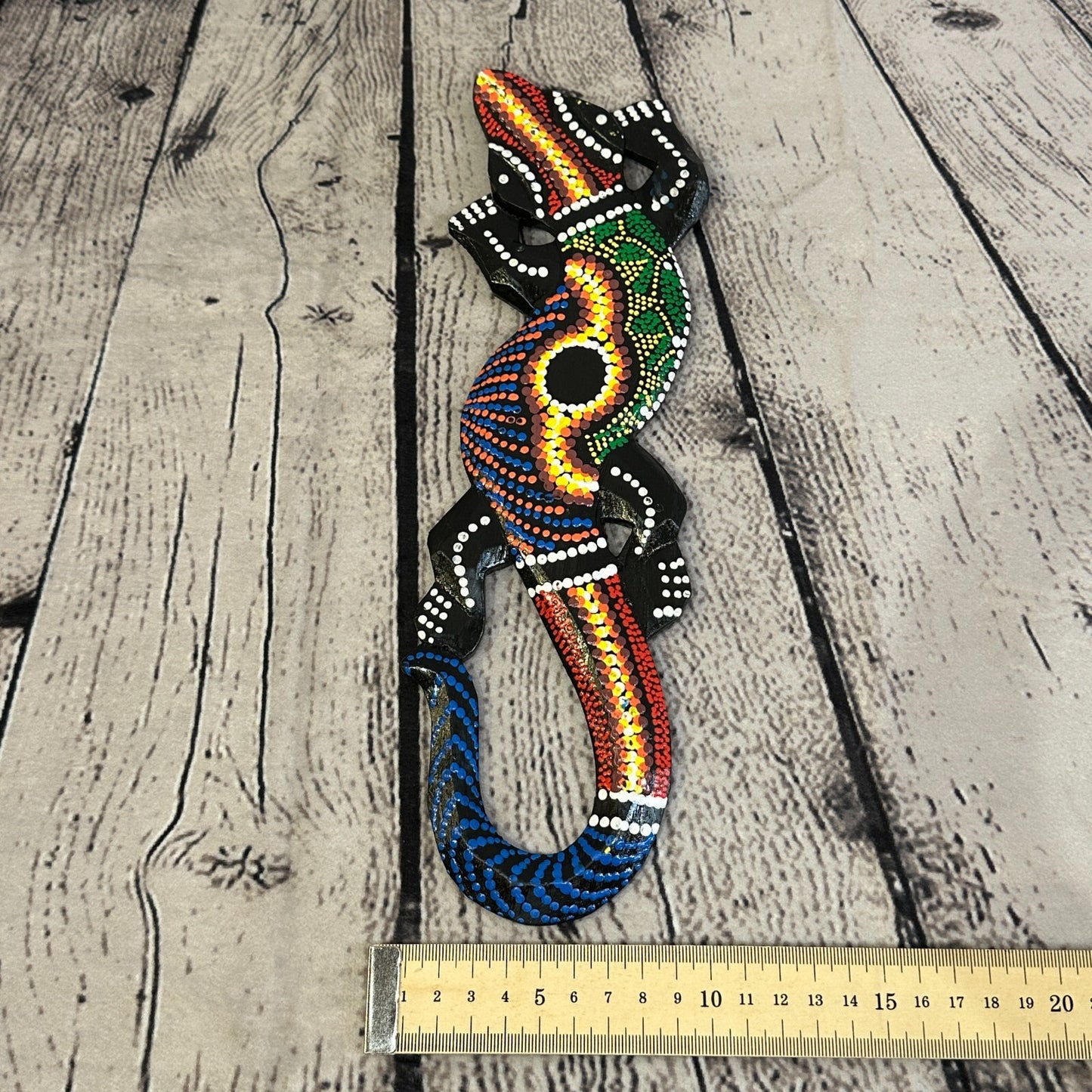 30cm Gecko Carved Wooden Dot Painted Ethnic Tribal Tiki Wall Handmade No 1