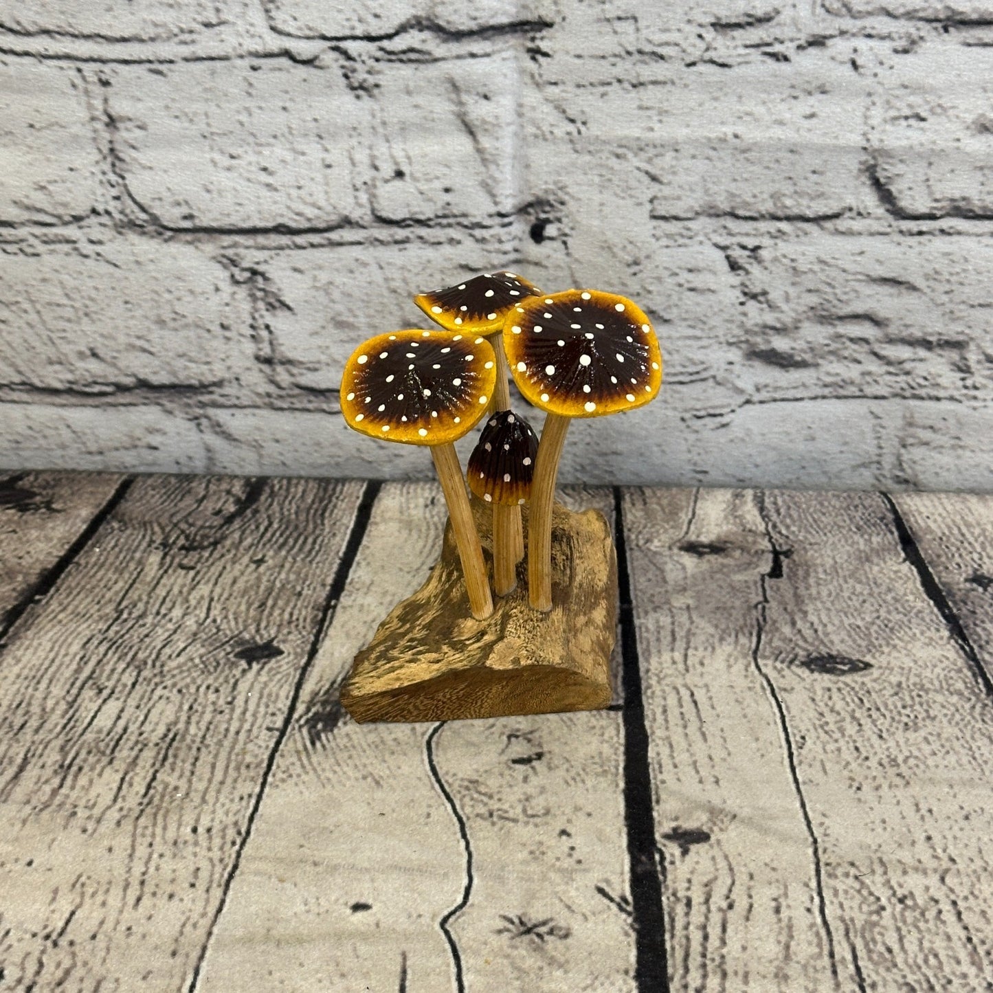 Brown Yellow Painted Mushroom Parasite Ornament Natural Carving Fairtrade Wooden