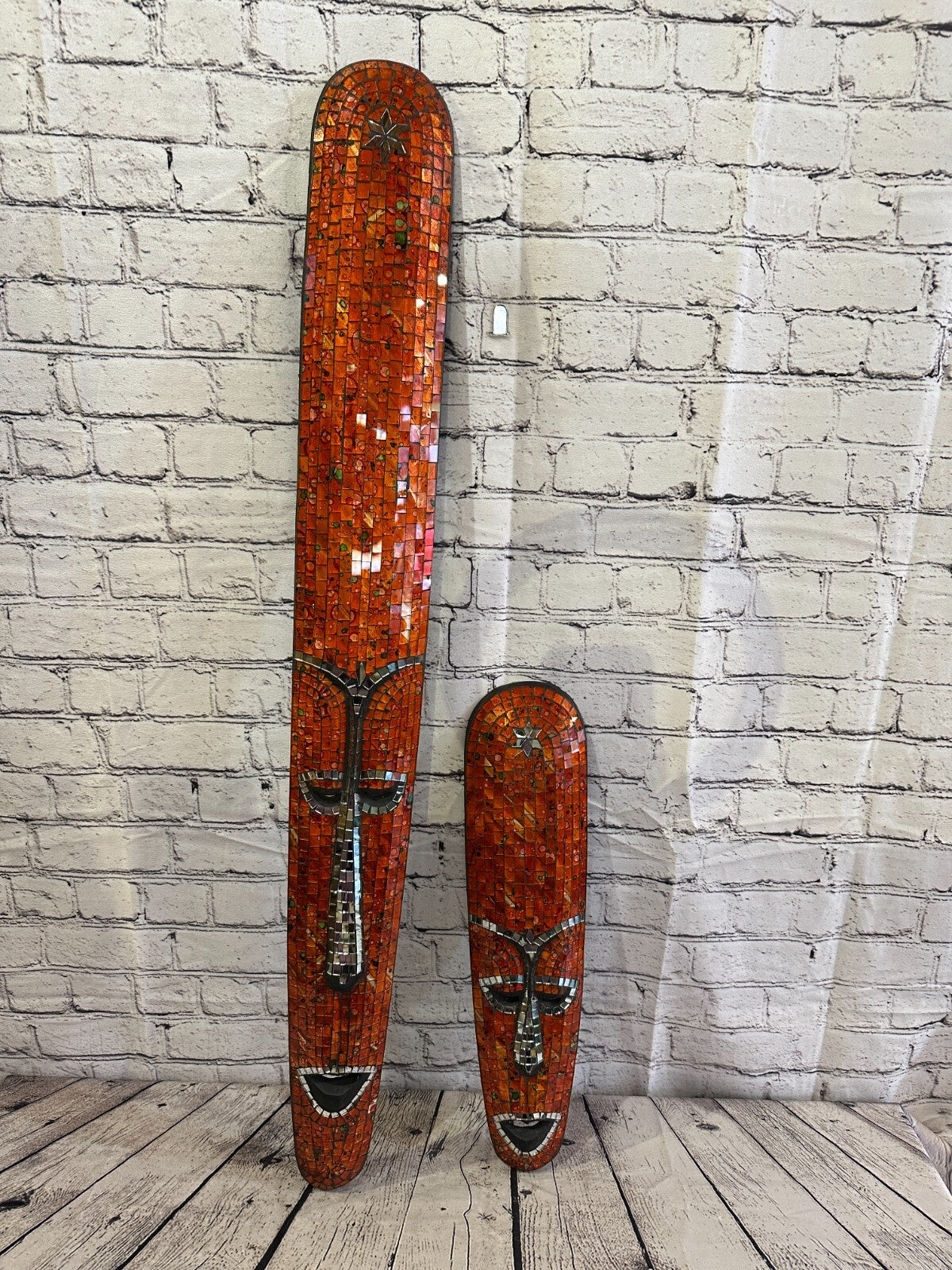 50cm Orange Mosaic Mirror Mask Carved Painted Ethnic Tribal Wall Art Handmade