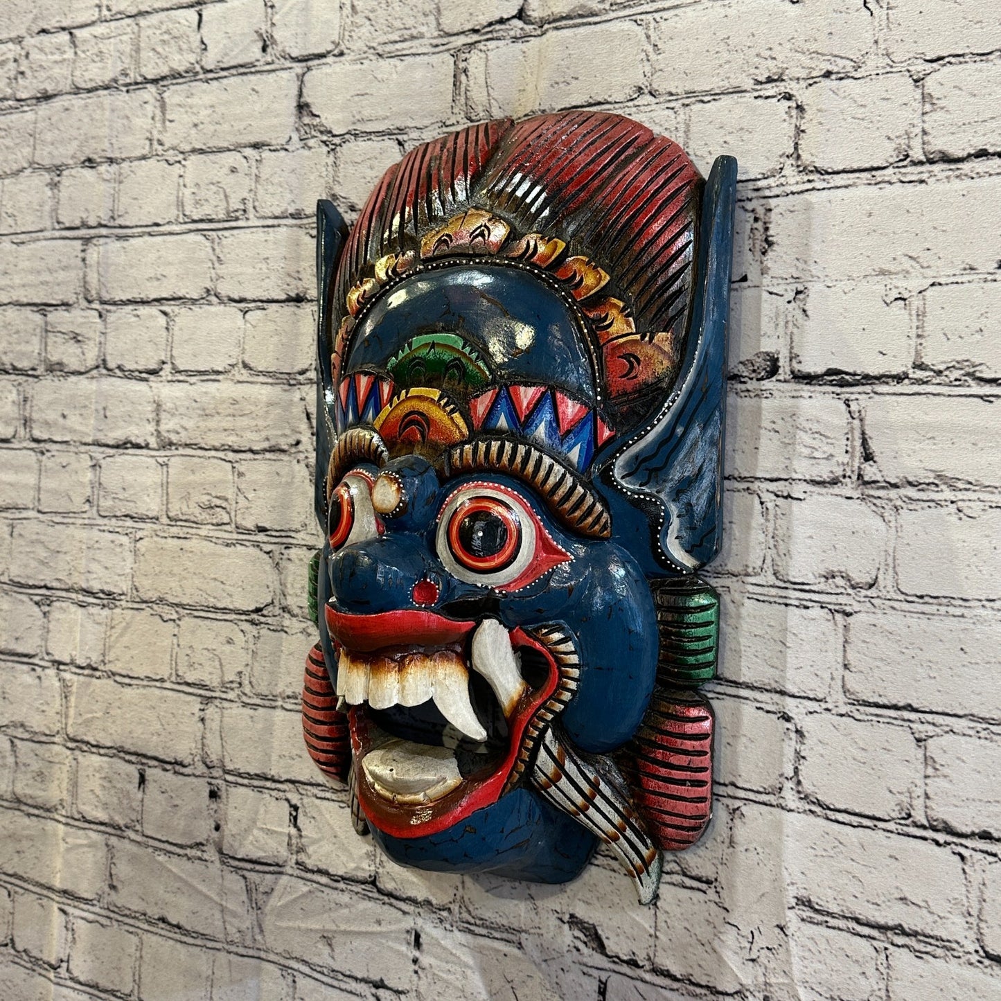 Large Wooden Blue Barong Wall Mask 50cm x 30cm Handmade And Fairtrade