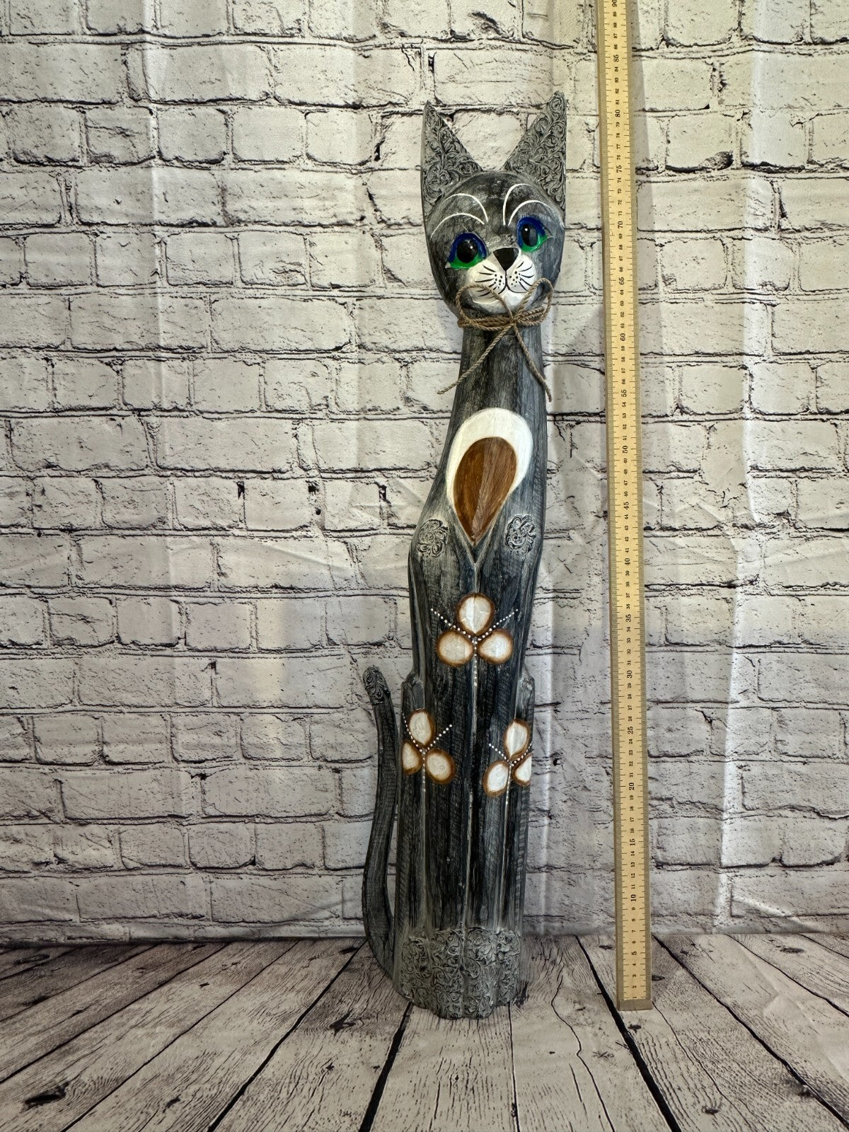 80cm Grey Swirl Flower Wooden Shabby Cat Statue Ornament Fair Trade Handcarved