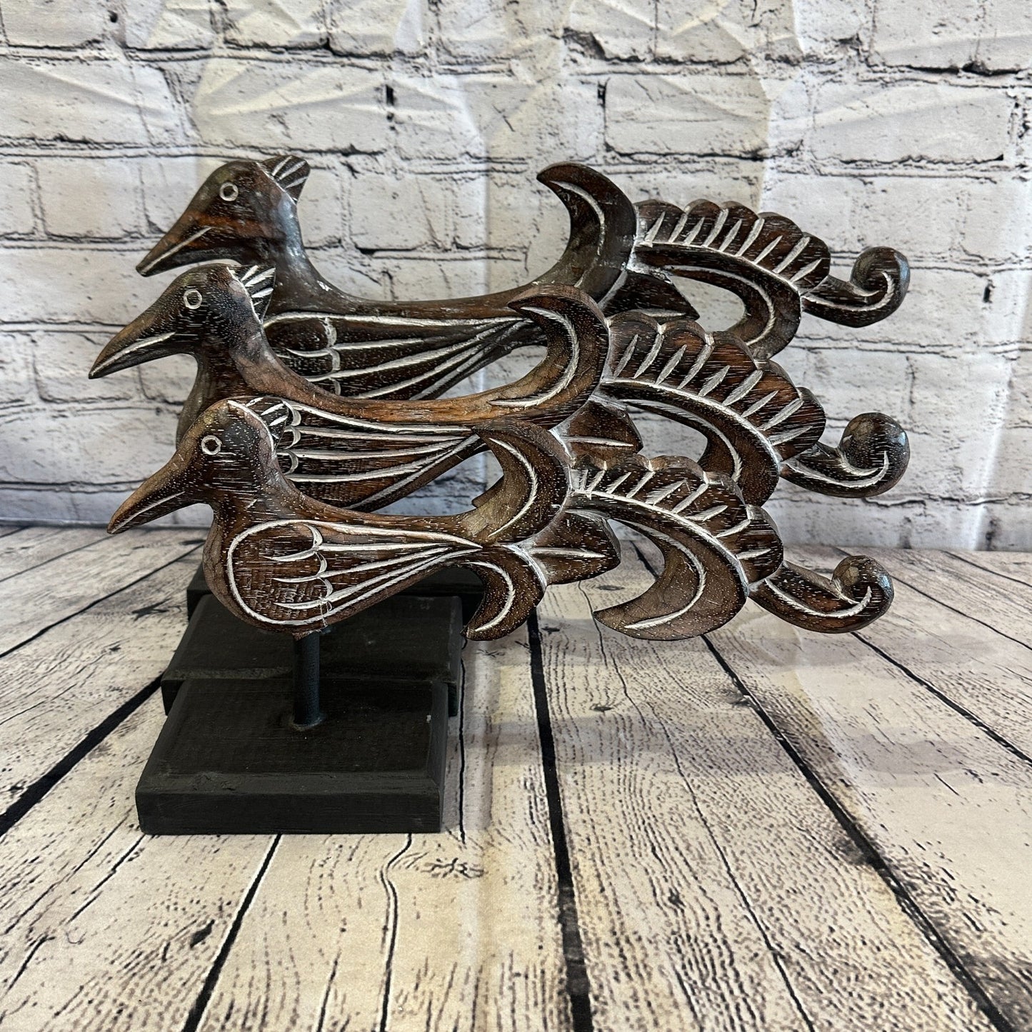 50cm x 30cm Wooden Tribal Primitive Black Phoenix Bird Stand Sculpture Statue