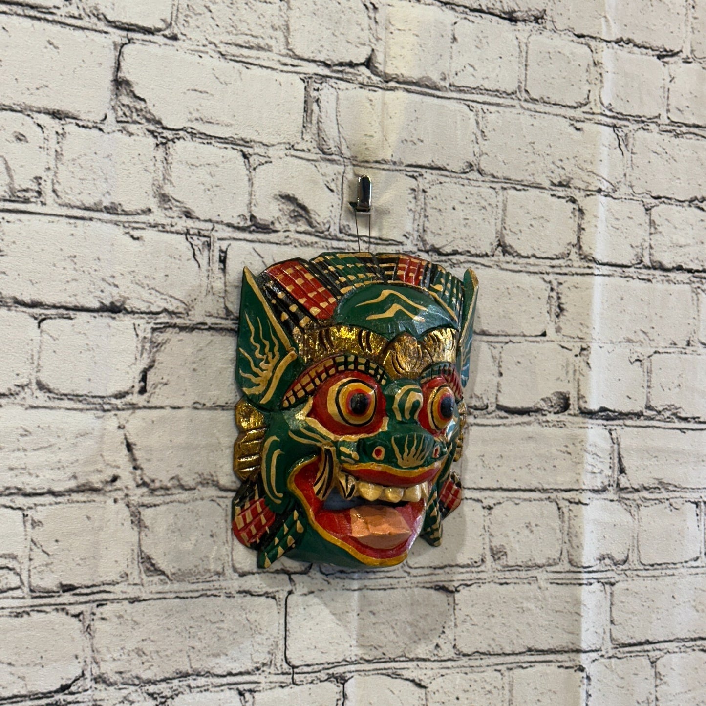 Large Wooden Green Barong Wall Mask 20cm x 20cm Handmade And Fairtrade Hindu