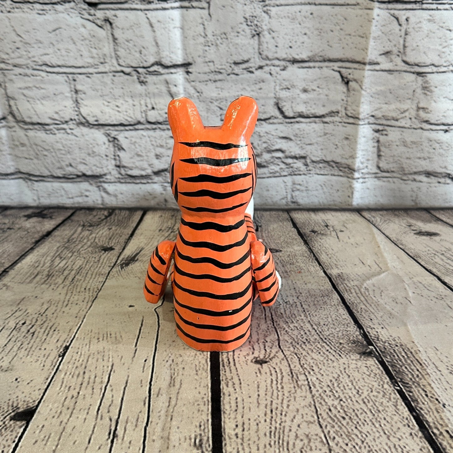 20cm Orange Tiger Sitting Animal, Wooden Shelf Ornament Handmade & Fairtrade