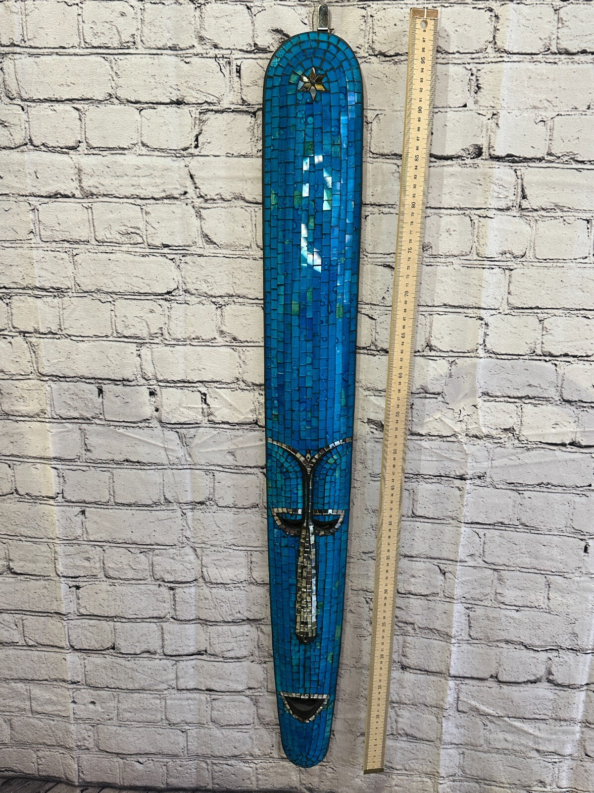 80cm Blue Mosaic Mirror Mask Carved Painted Ethnic Tribal Wall Art Handmade