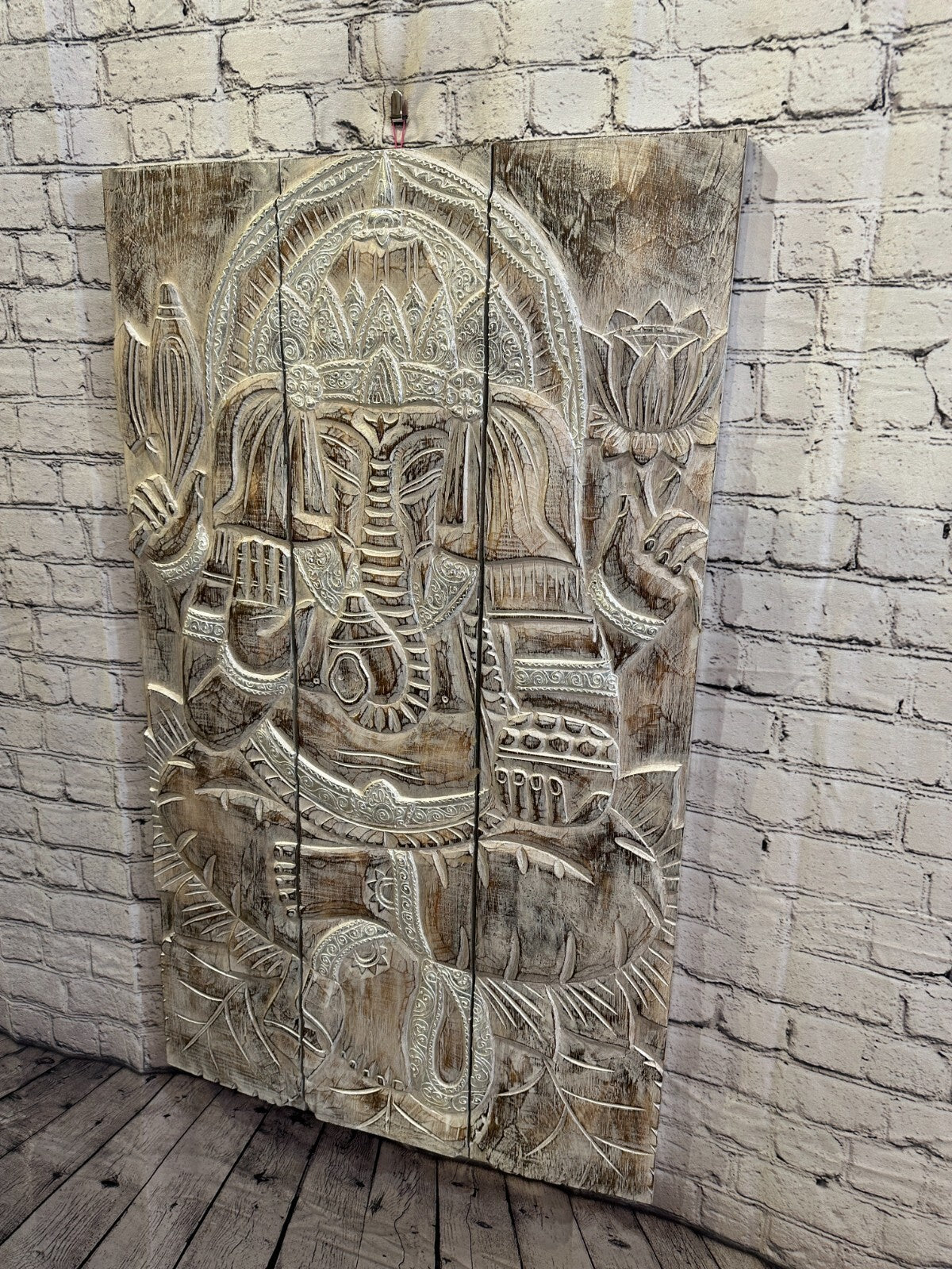 100cm x 60cm Ganesh White Panel Wooden Wood Panel Wall Art Plaque Handcarved