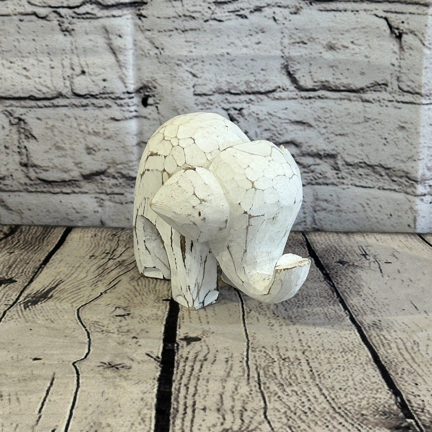 White Wooden Elephant With Shabby Pattern 10cm x 10cm Handmade and Fairtrade