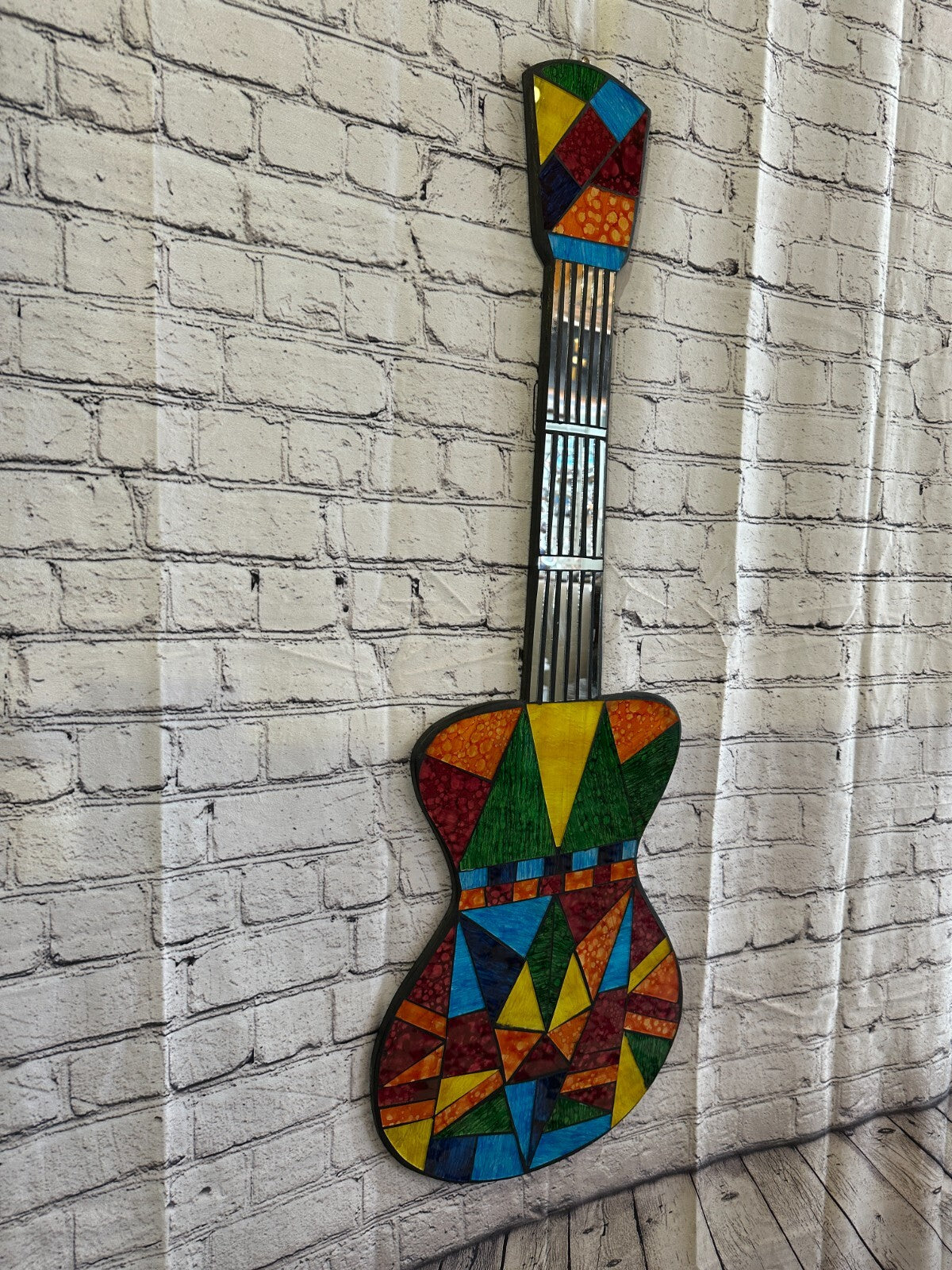 Bright Rainbow Guitar Mosaic Tile Wall Mirror 100cm x 30cm Handmade New
