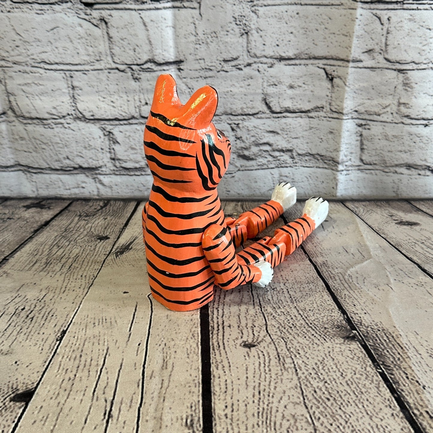 20cm Orange Tiger Sitting Animal, Wooden Shelf Ornament Handmade & Fairtrade