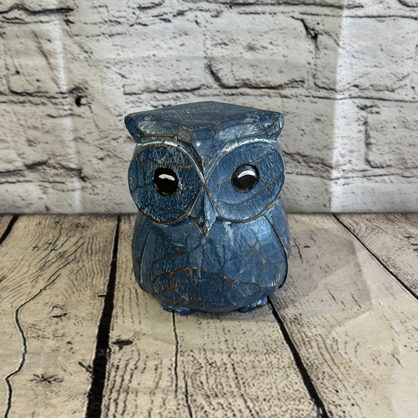 12cm x 10cm Blue Flower Wooden Shabby Owl Statue Ornament Fair Trade Handcarved