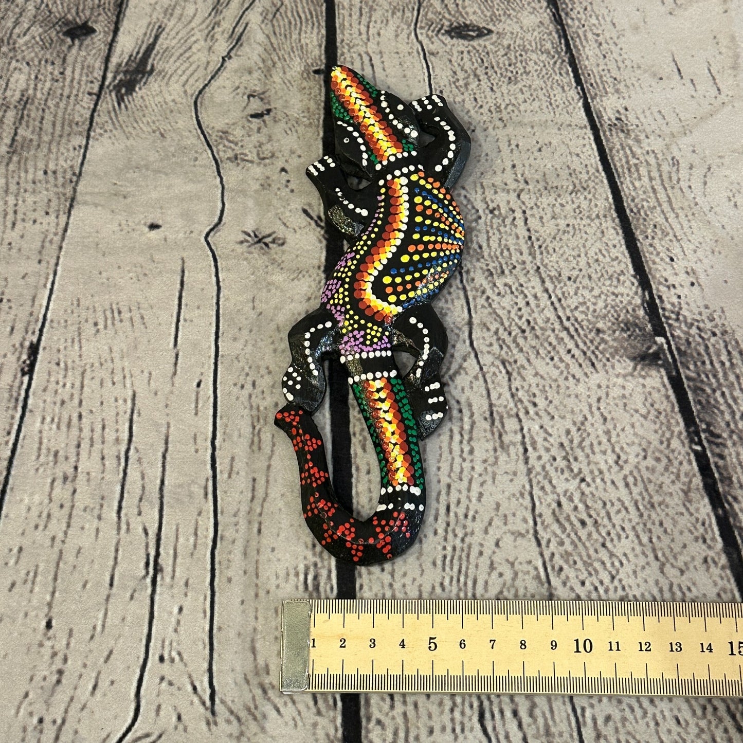 20cm Gecko Carved Wooden Dot Painted Ethnic Tribal Tiki Wall Handmade No 8