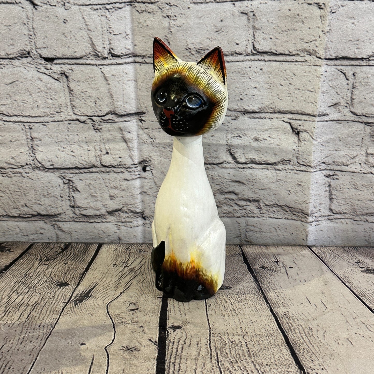 25cm x 7cm Siamese Sitting Bobble Style Painted Wooden Hand Carved Cat Wooden