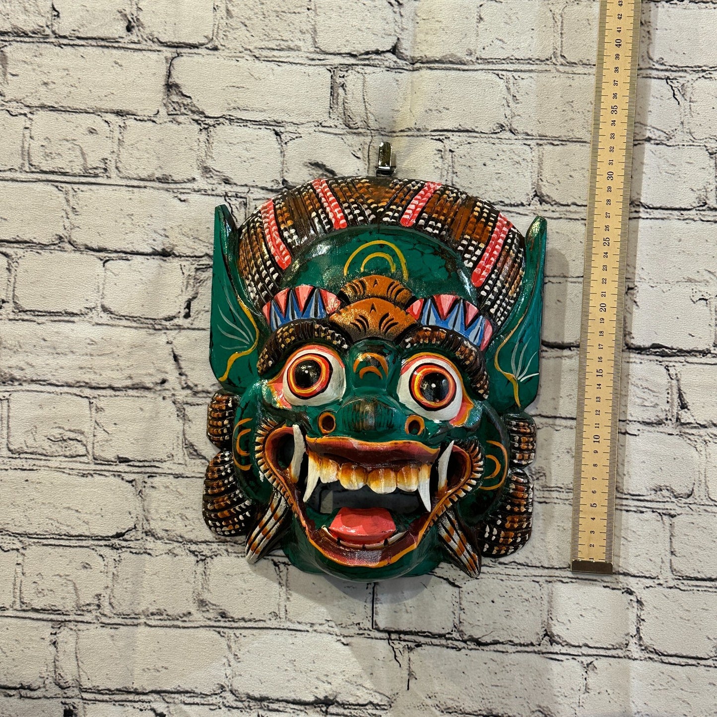 Large Wooden Green Barong Wall Mask 30cm x 25cm Handmade And Fairtrade