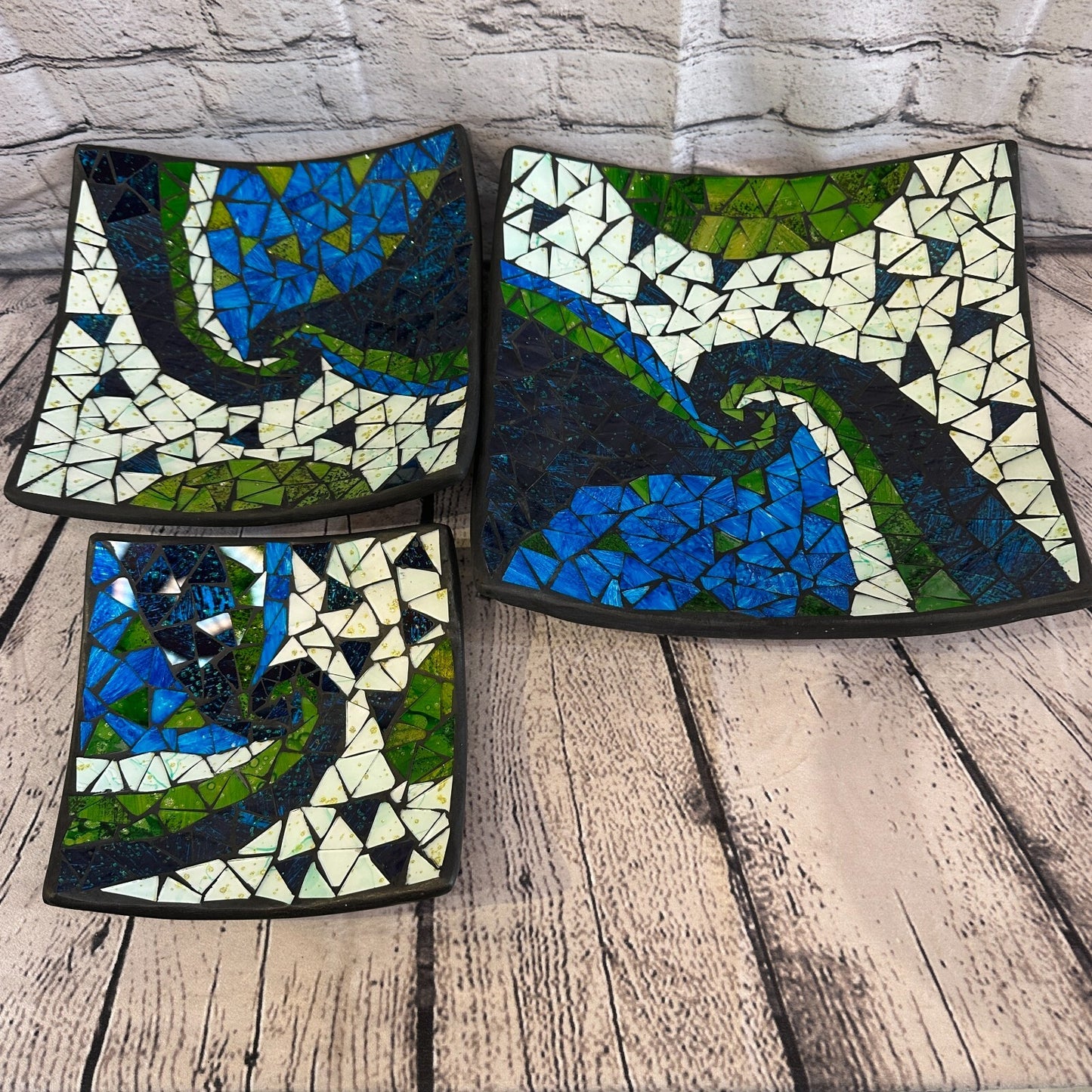 30cm Blue Green Swirl Square Mosaic Handmade Ceramic Glass Tile Bowl Fruit
