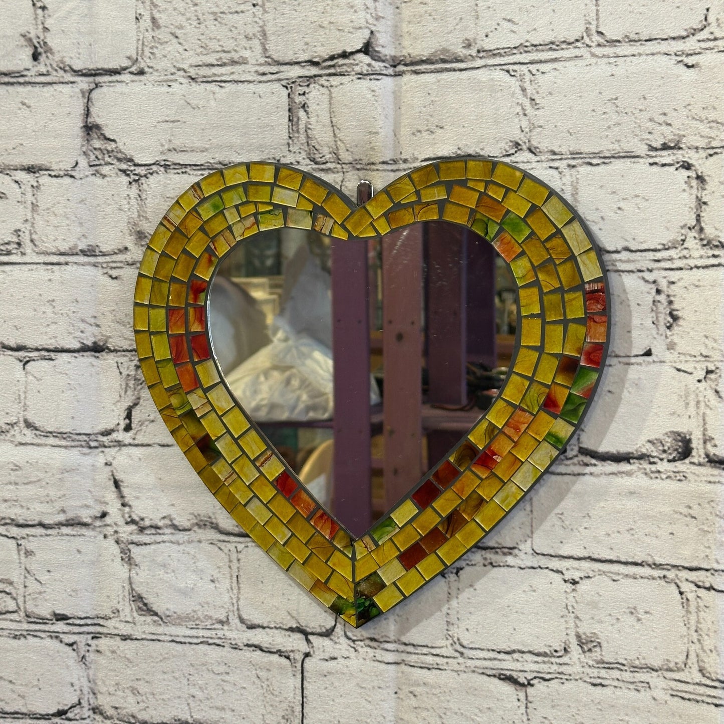 Yellow Heart Shape Mosaic Tile Wall Mirror 28cm x 25cm 10 Inches Handmade New