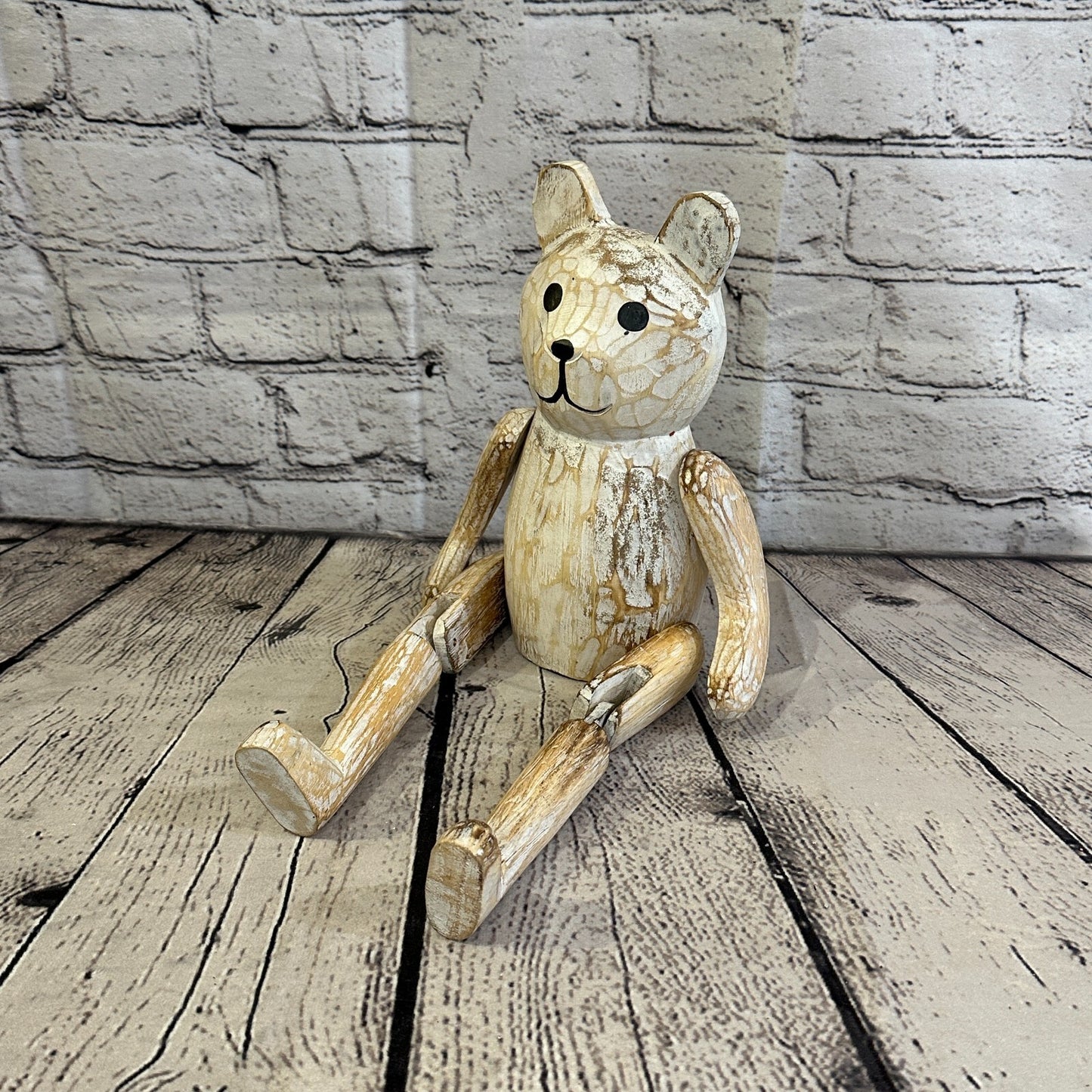 22cm Shabby White Teddy Sitting Animal Wooden Shelf Ornament Handmade Fairtrade