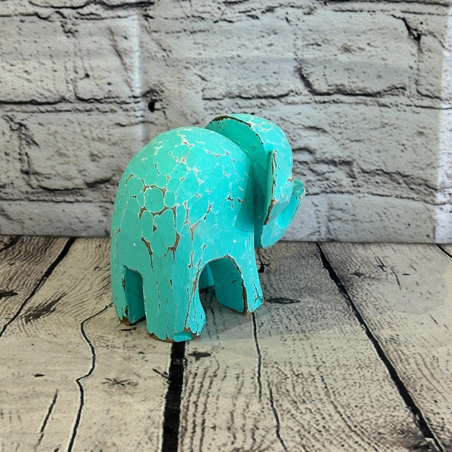 Green Wooden Elephant With Shabby Pattern 10cm x 10cm Handmade and Fairtrade
