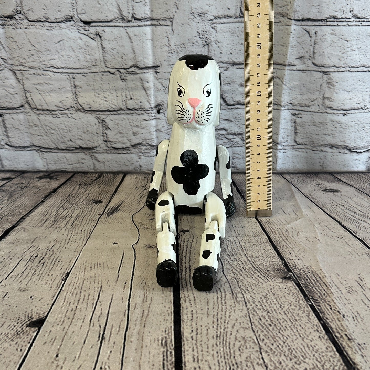 20cm Black White Dog Sitting Animal, Wooden Shelf Ornament Handmade & Fairtrade