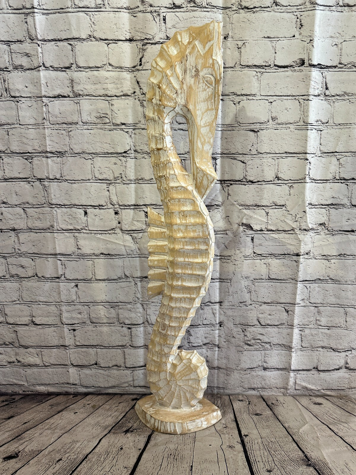 80cm White Plain Wooden Shabby Seahorse Statue Ornament Fair Trade Handcarved