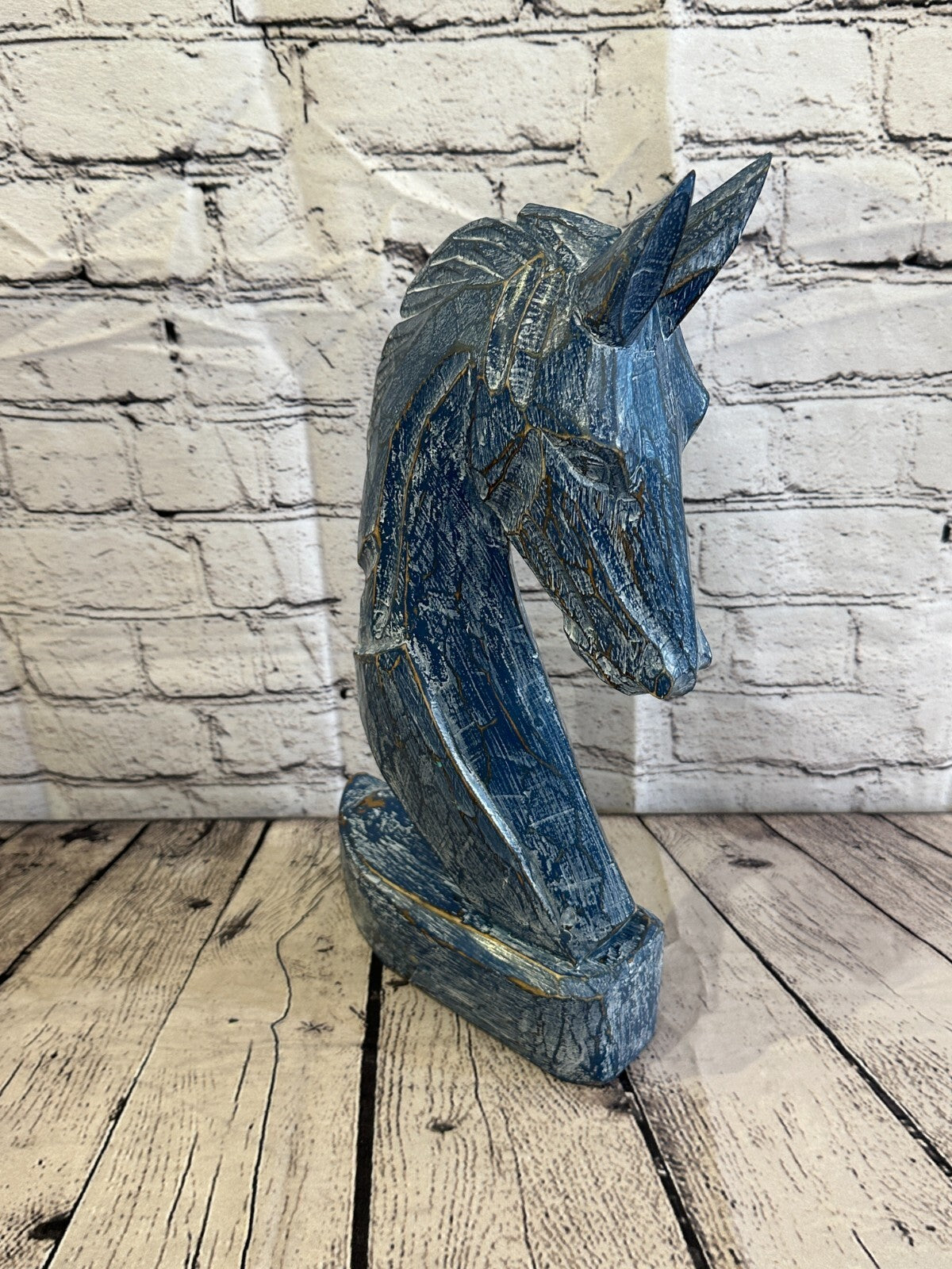 Blue Wooden 40cm x 20cm Horse Head Bust Hand Carved Wood Sculpture