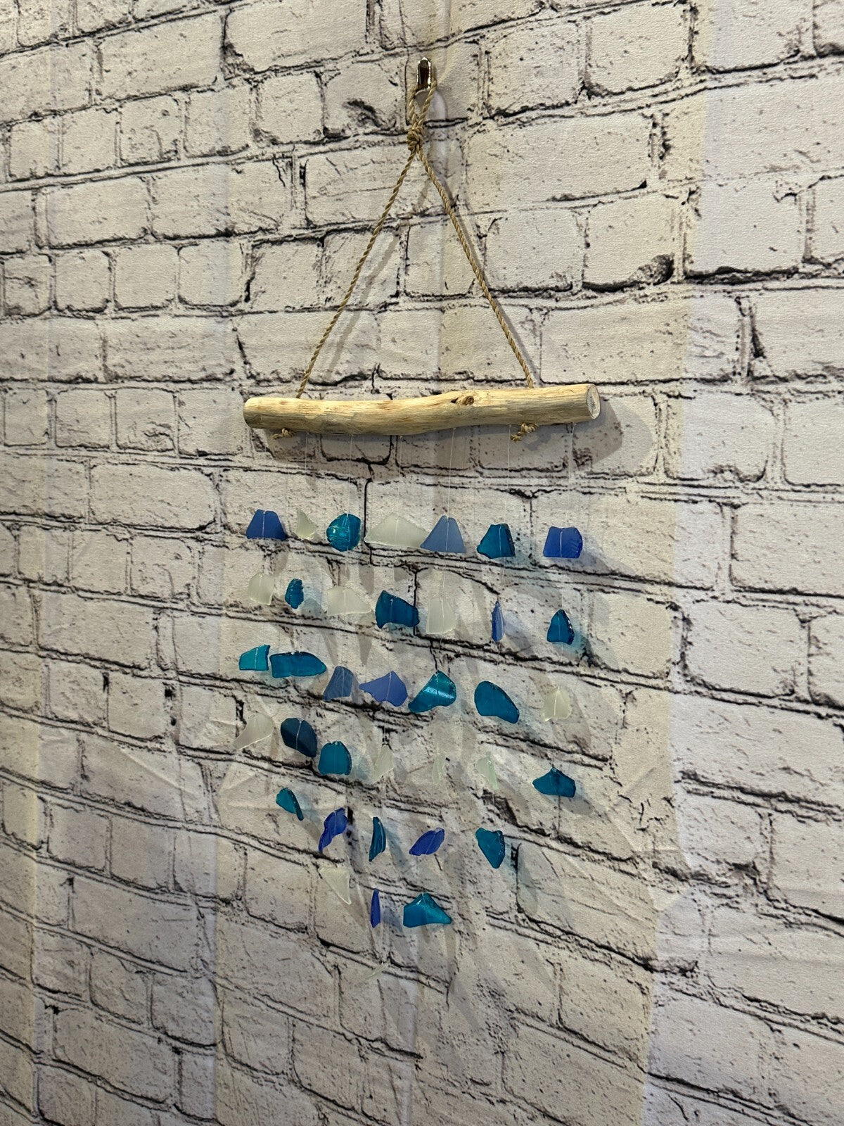 45cm x 25cm Blue Mix Wind Recycled Glass Driftwood Handmade Garden Home Mobile