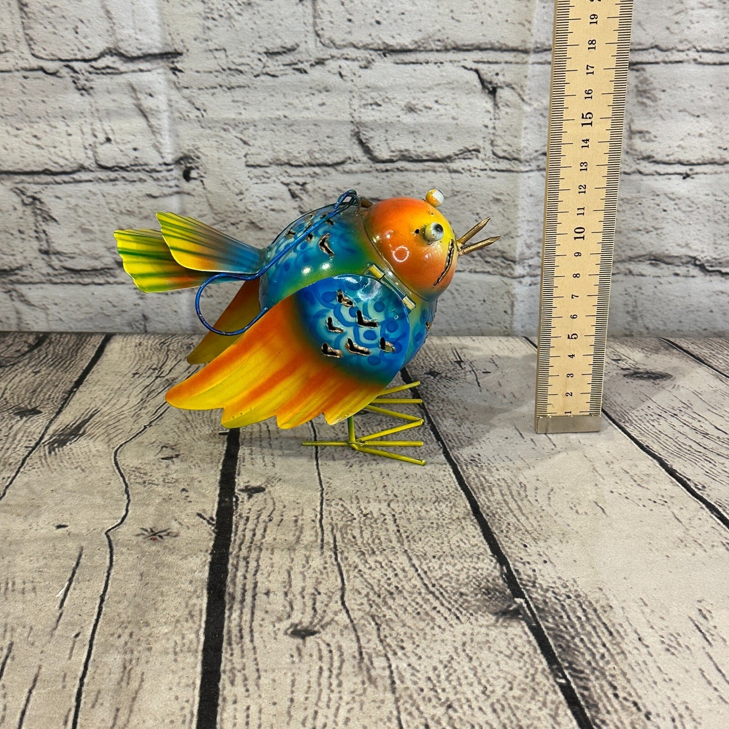 15cm x 15cm Orange Blue Bird Metal Tin Wall Hanging Ornament Painted Statue