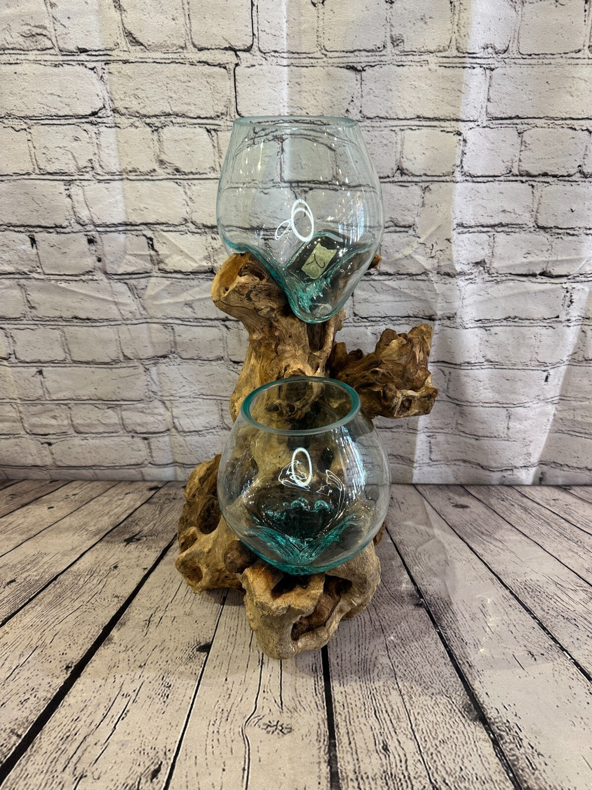 50cm Double Molten Glass Round Bowl Natural Root Wood Base Stand Decor Ornament