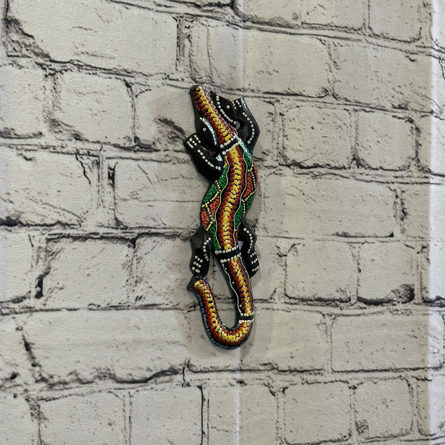 20cm Gecko Carved Wooden Dot Painted Ethnic Tribal Tiki Wall Handmade No 13