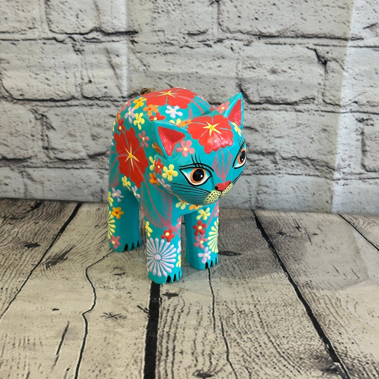 Blue Large Wooden Cat With Flower Pattern 15cm x 10cm Handmade and Fairtrade