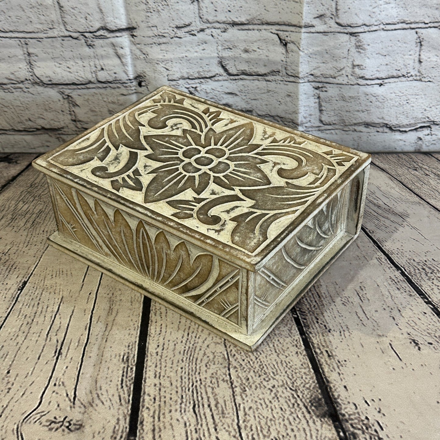 Brown Flower MDF Box Lotus 22cm x 18cm x 8cm Wooden Box Trinket Handmade