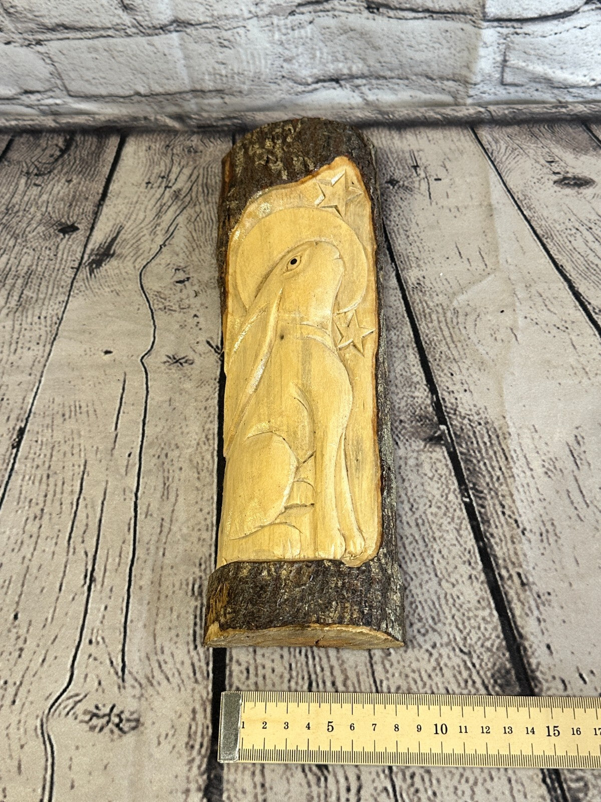Hare With Moon Of The Woods 30cm Hand Carved Wizard Tree Trunk Wood Fairtrade