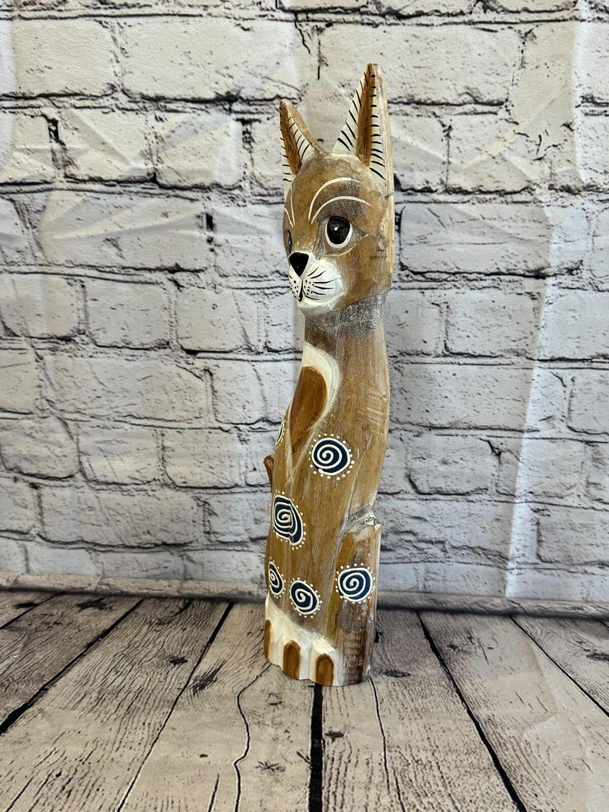 40cm Light Brown Flower Wooden Shabby Cat Statue Ornament Fair Trade Handcarved