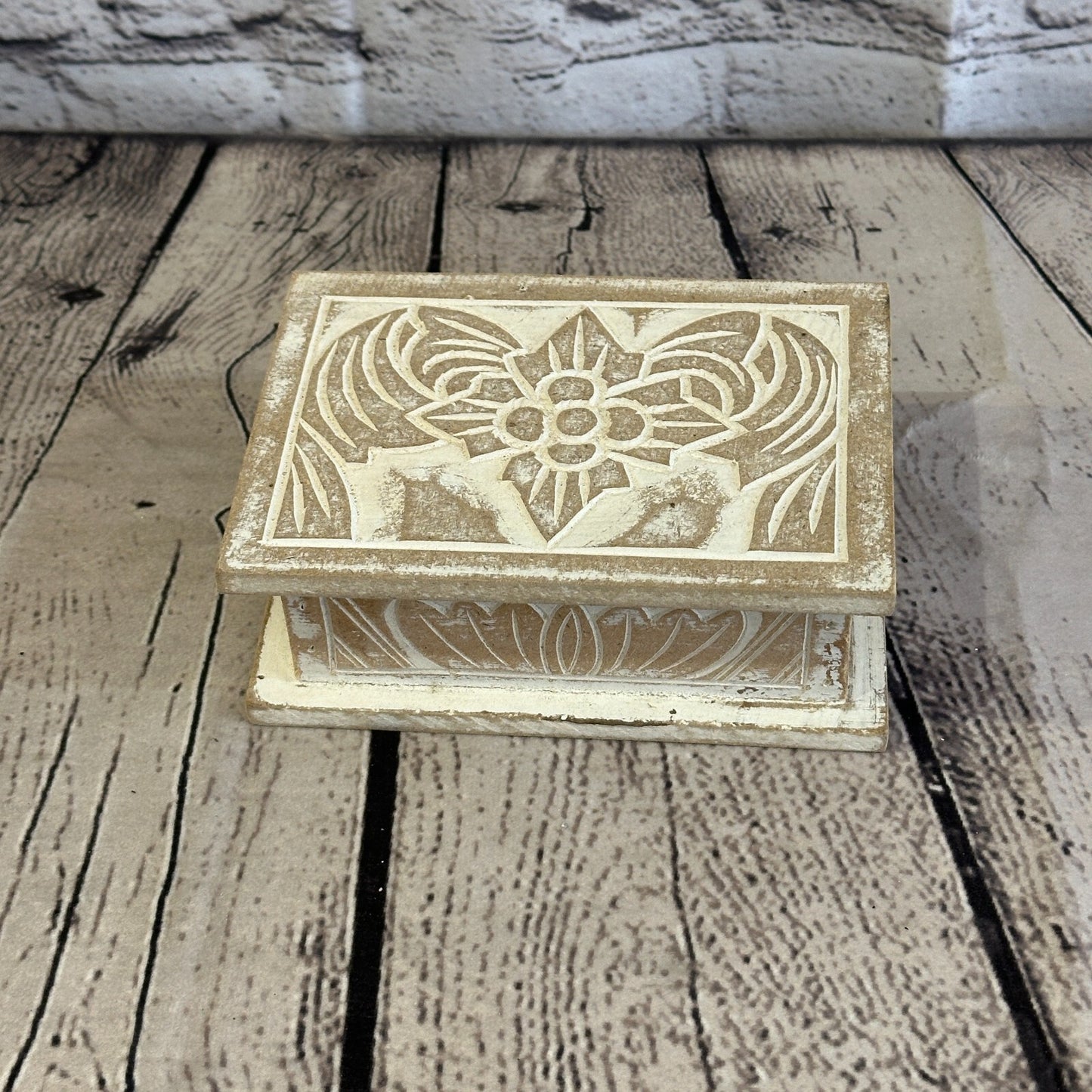 White Flower MDF Box Lotus 14cm x 10cm x 6cm Wooden Box Trinket Handmade