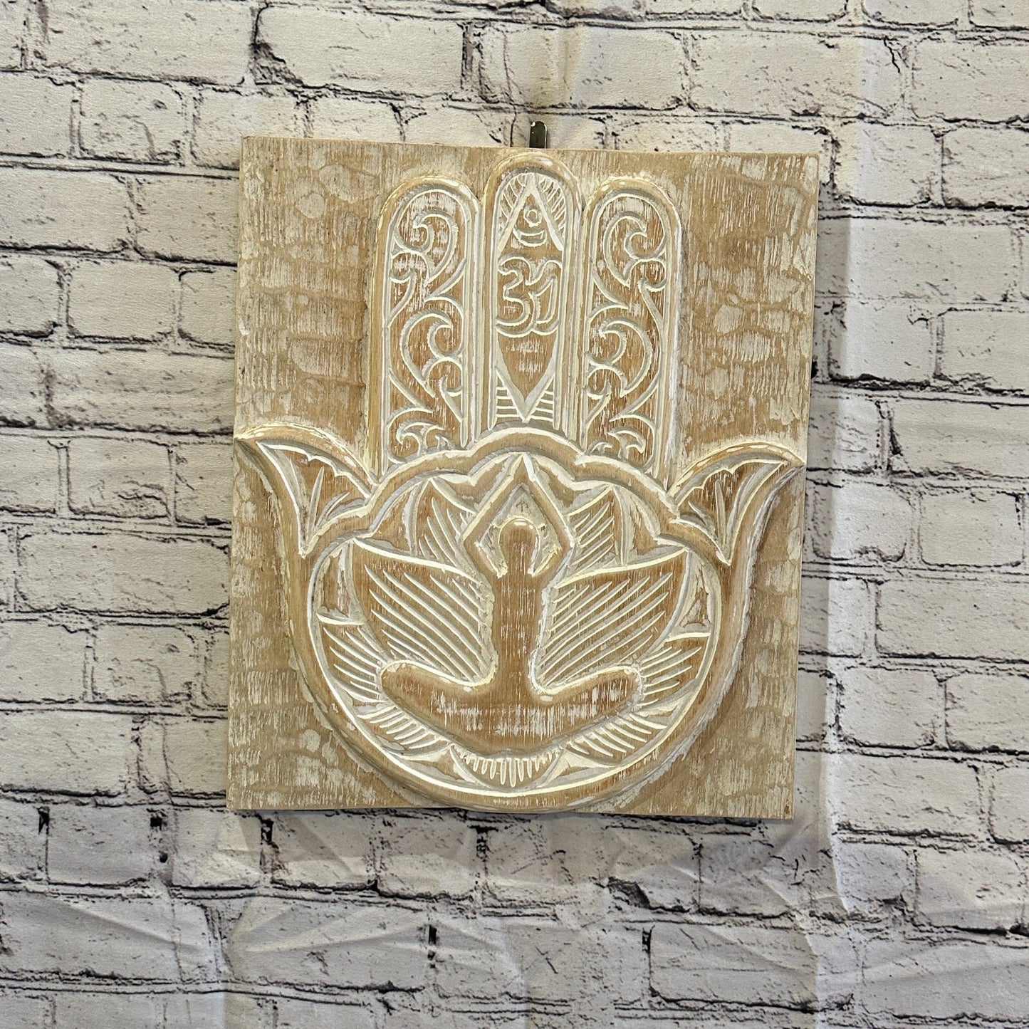Hand Of Fatima Wooden Panel 40cm x 35cm Gold Cream Wall Art Plaque Handcarved