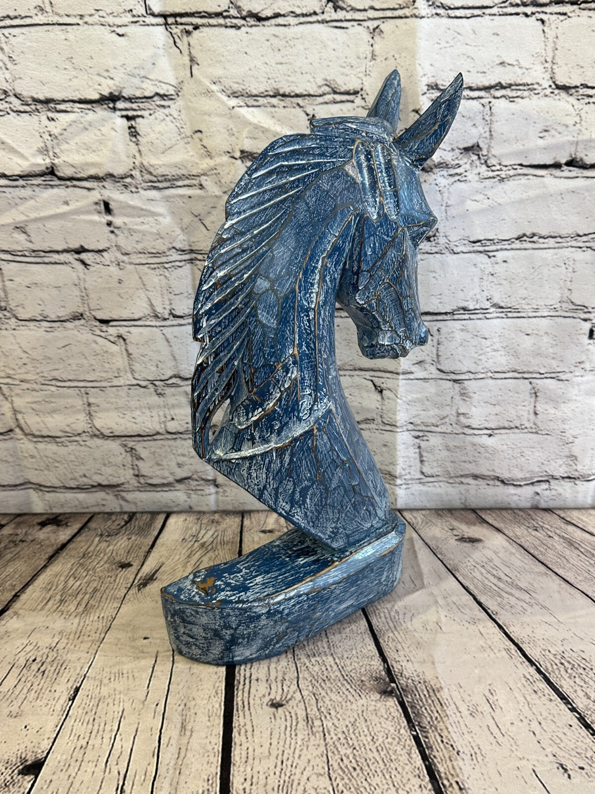 Blue Wooden 40cm x 20cm Horse Head Bust Hand Carved Wood Sculpture