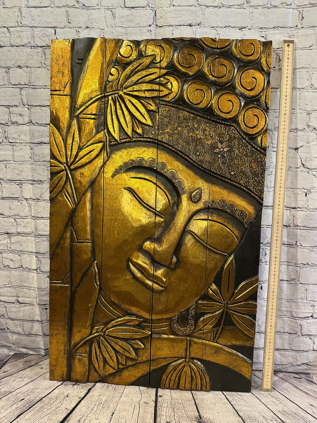 100cm x 60cm Buddha Gold Panel Wooden Wood Panel Wall Art Plaque Handcarved