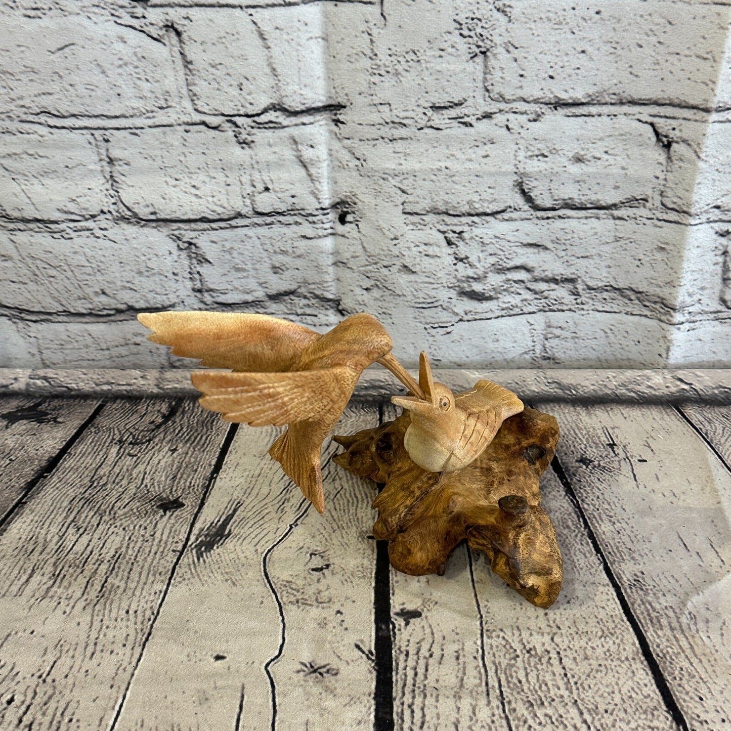 20cm Humming Bird With Baby Mushroom Parasite Ornament Natural Carving Wooden