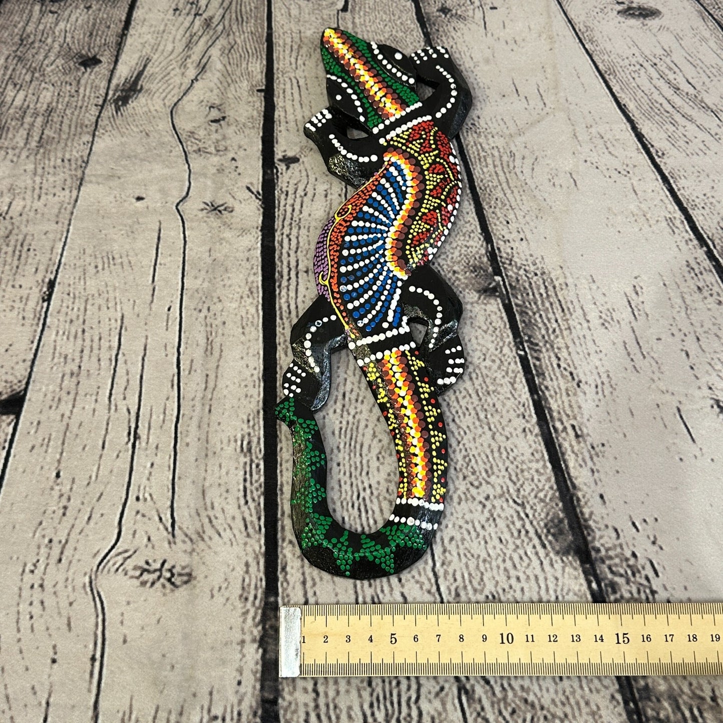 30cm Gecko Carved Wooden Dot Painted Ethnic Tribal Tiki Wall Handmade No 3