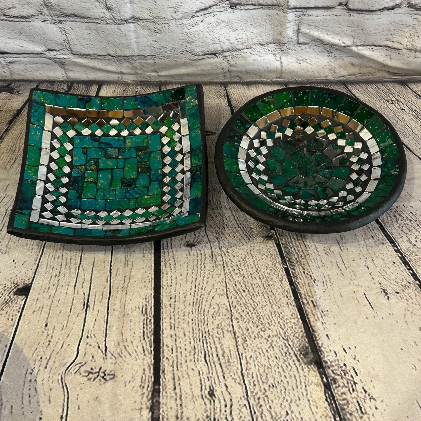 20cm Green Square Mosaic Handmade Ceramic Glass Tile Bowl Fruit