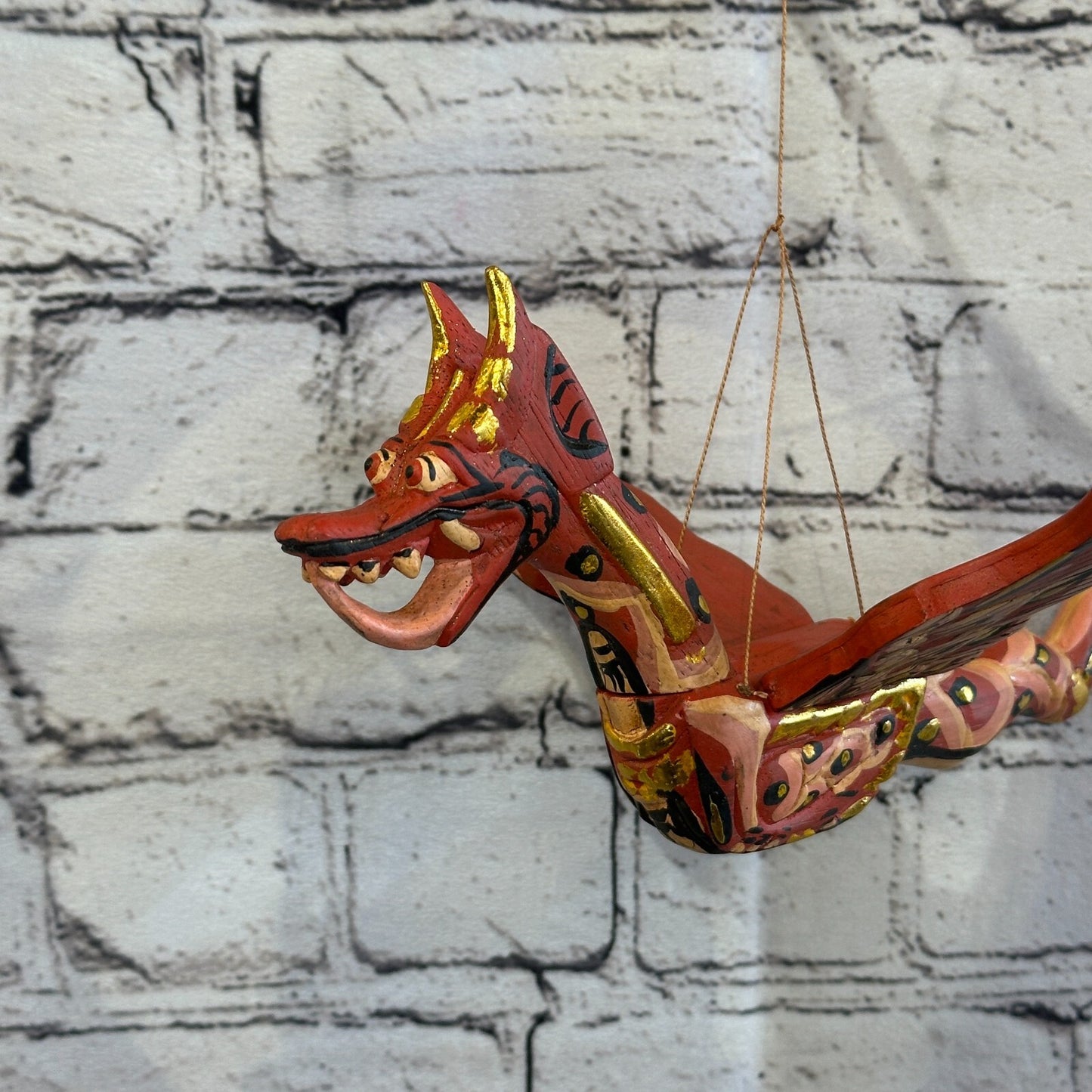 Small Red Dragon Folk Art Wood Flying Winged Mobile Spirit Chaser Guardian