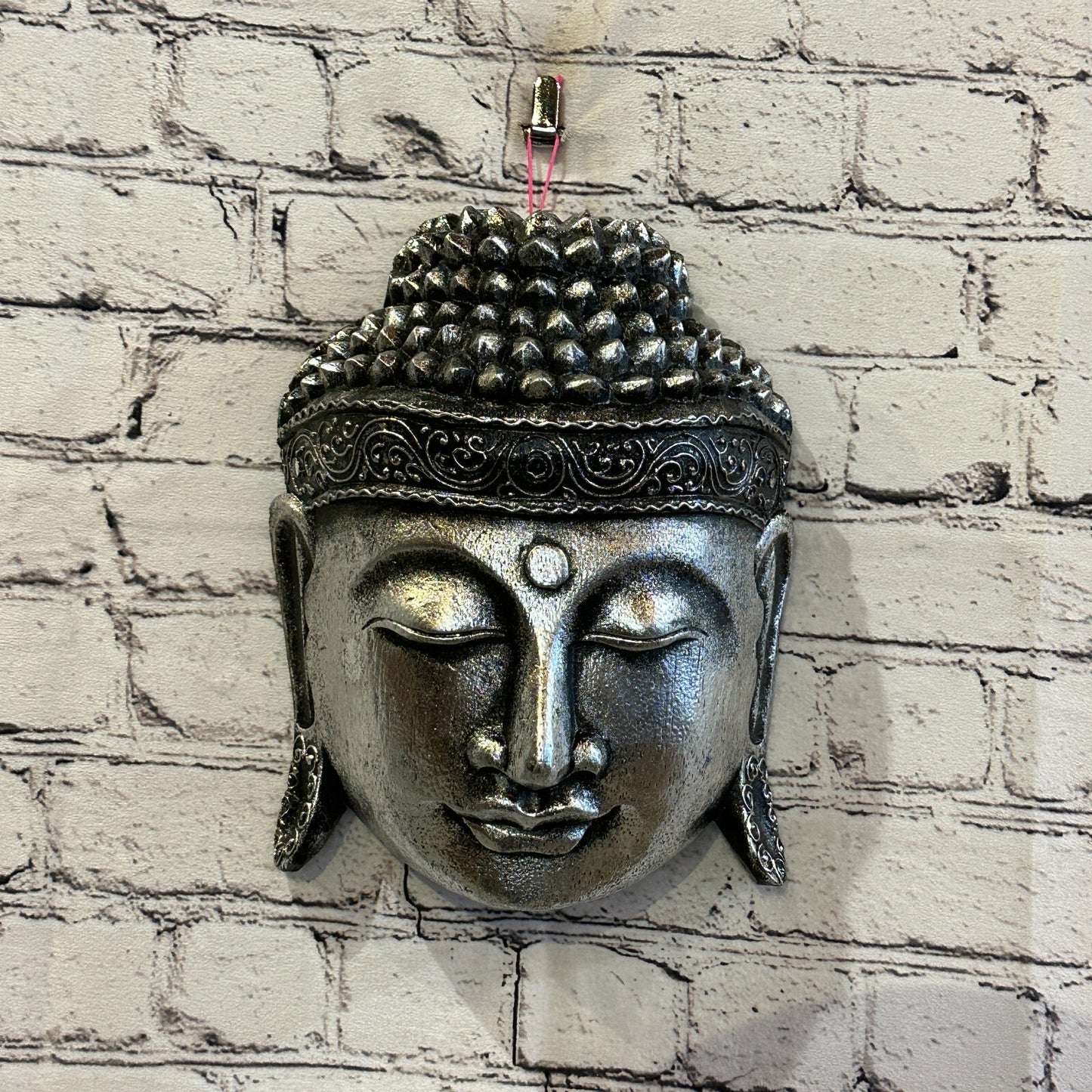 25cm Silver Buddha Head Mask Wooden Hanging Statue Figurine Ornament Fair Trade