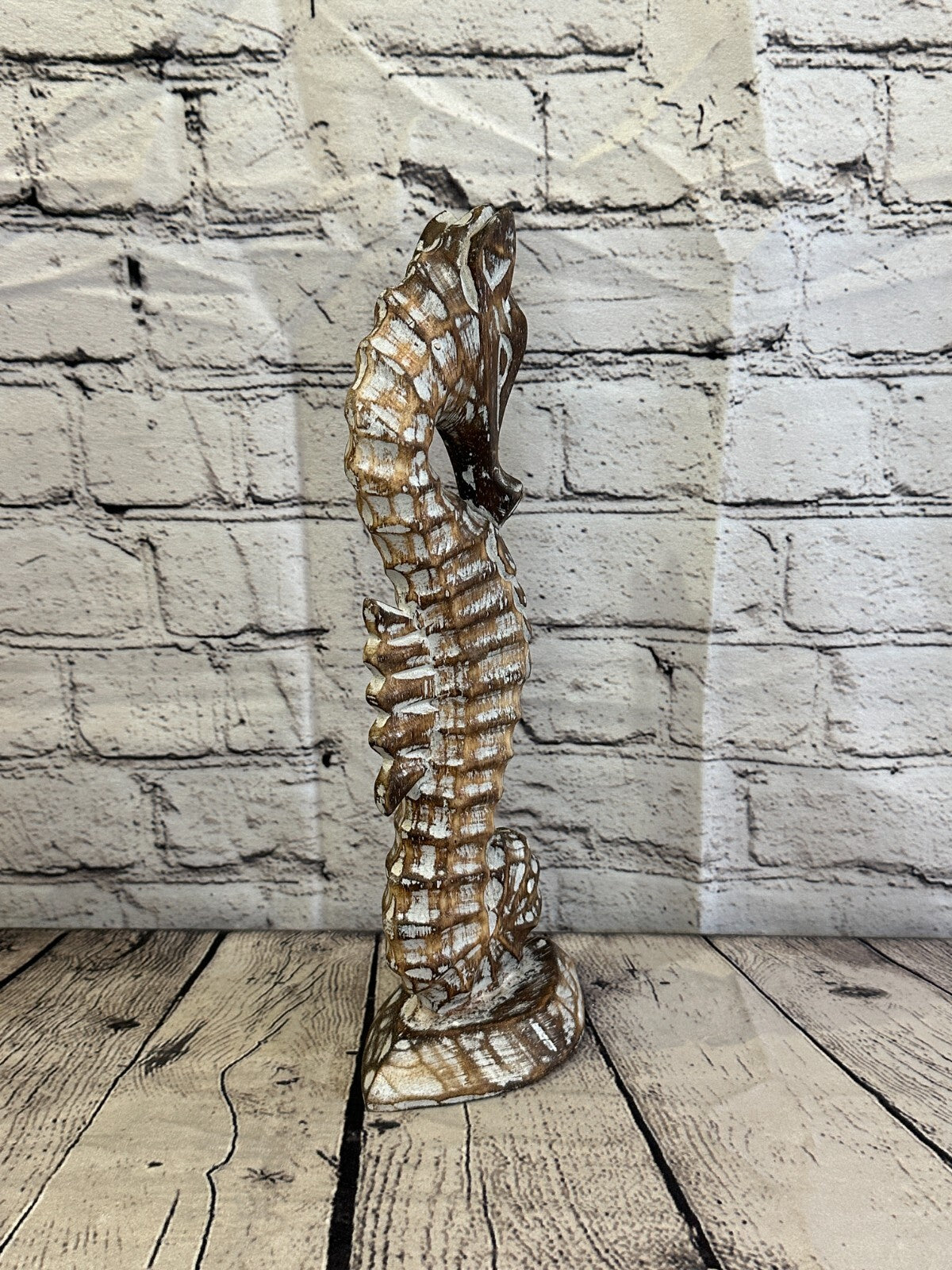 30cm Brown Plain Wooden Shabby Seahorse Statue Ornament Fair Trade Handcarved