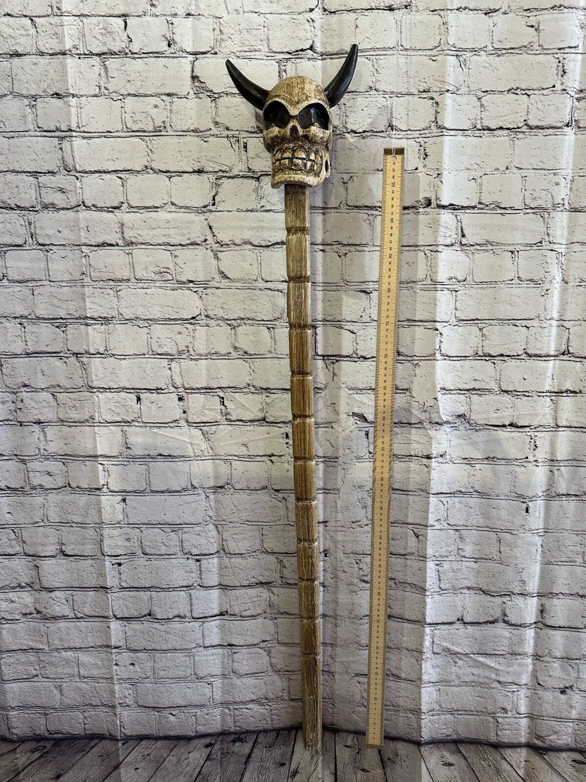 Skull Head With Horns 100cm Tribal Walking Stick Cane Hand Carved Light Wood