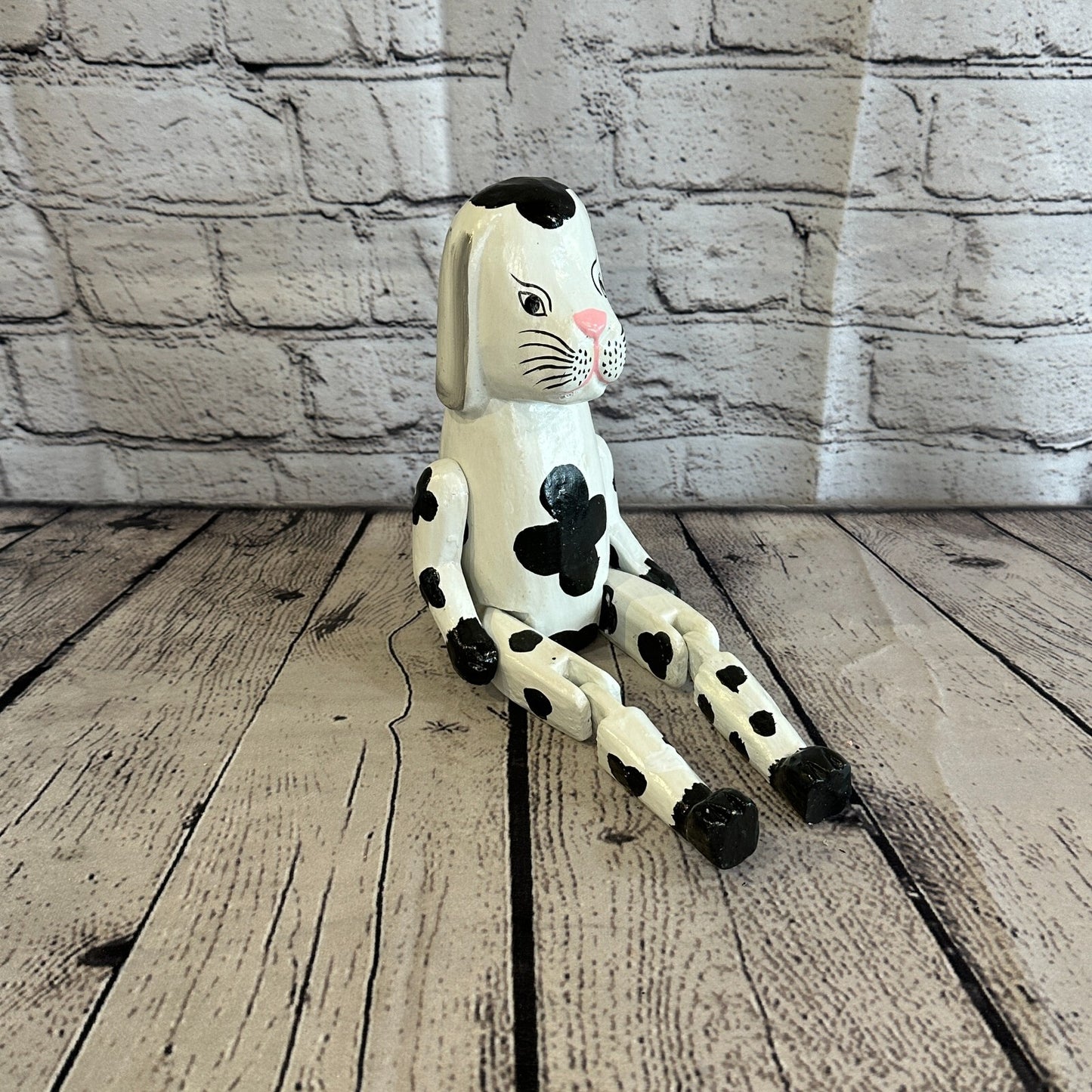 20cm Black White Dog Sitting Animal, Wooden Shelf Ornament Handmade & Fairtrade