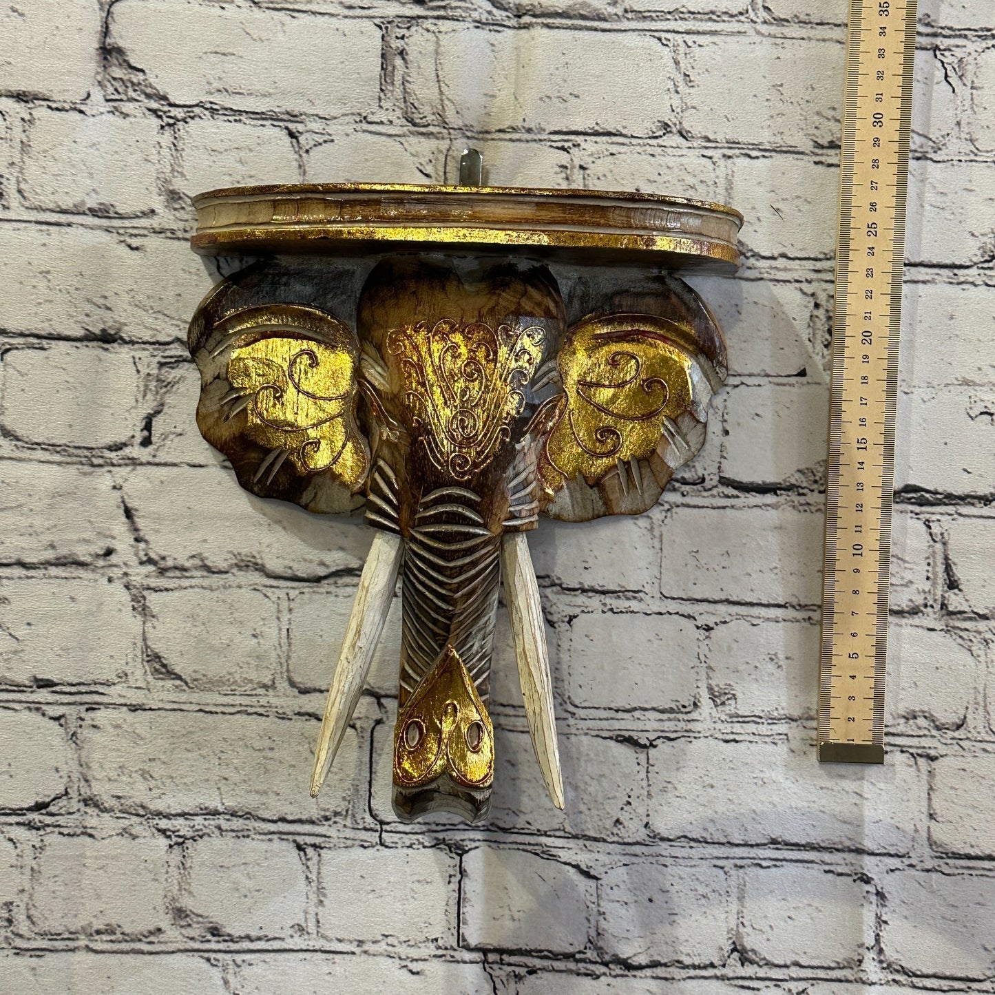 25cm x 25cm Brown Gold Shelf Wood Elephant Head Wall Mounted Art Large Shabby