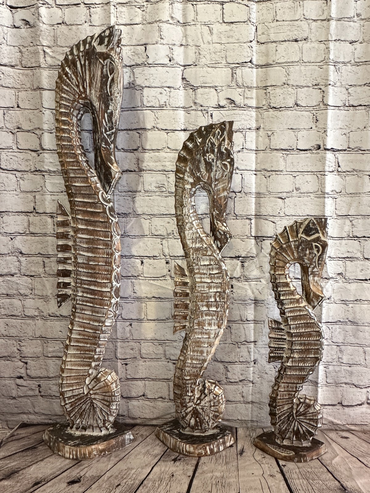 80cm Brown Plain Wooden Shabby Seahorse Statue Ornament Fair Trade Handcarved