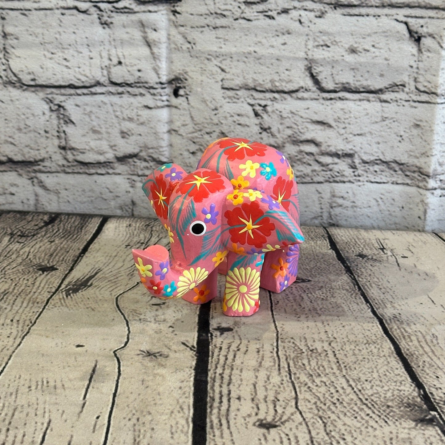 Pink Wooden Elephant With Flower Pattern 10cm x 12cm Handmade and Fairtrade