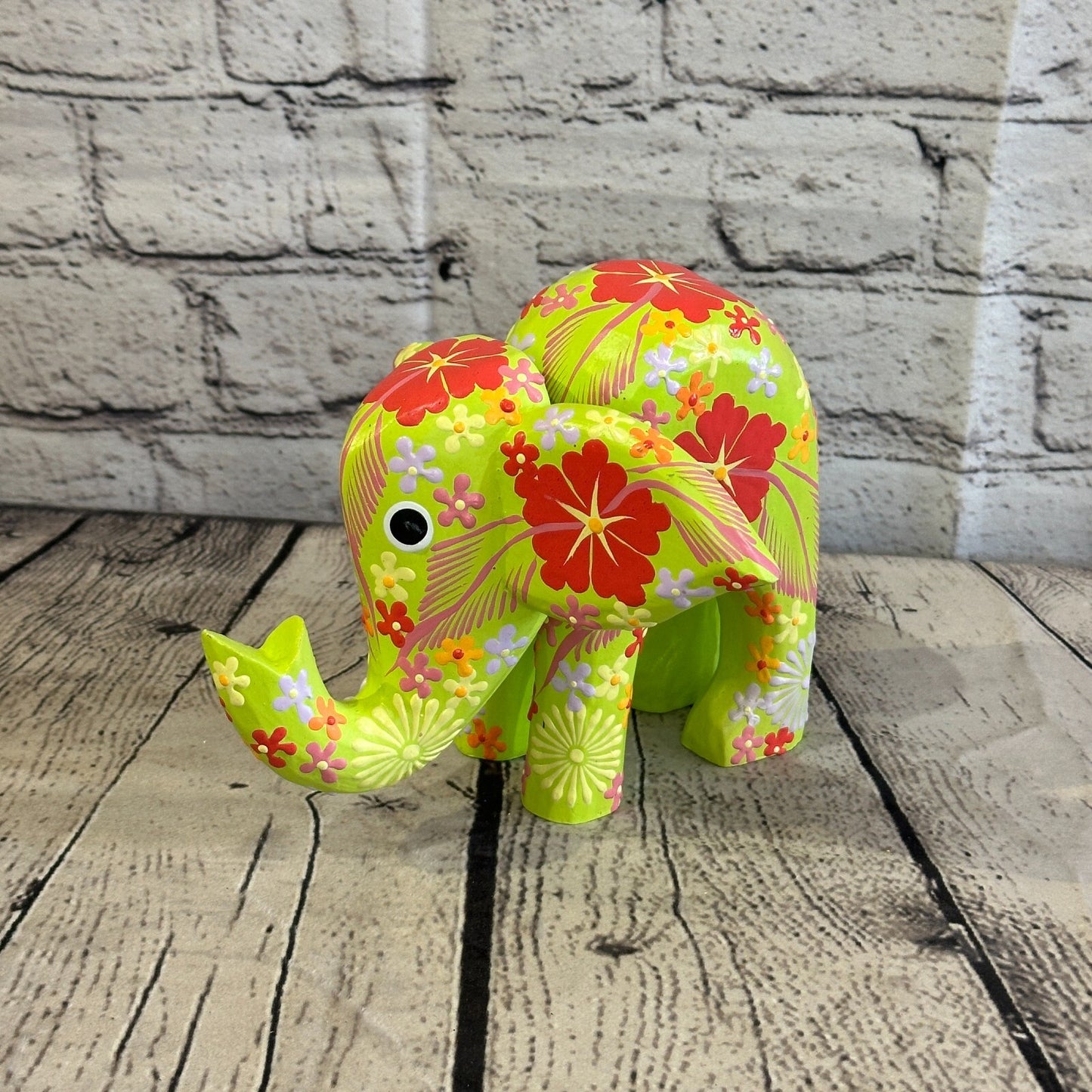 Green Wooden Elephant With Flower Pattern 15cm x 18cm Handmade and Fairtrade