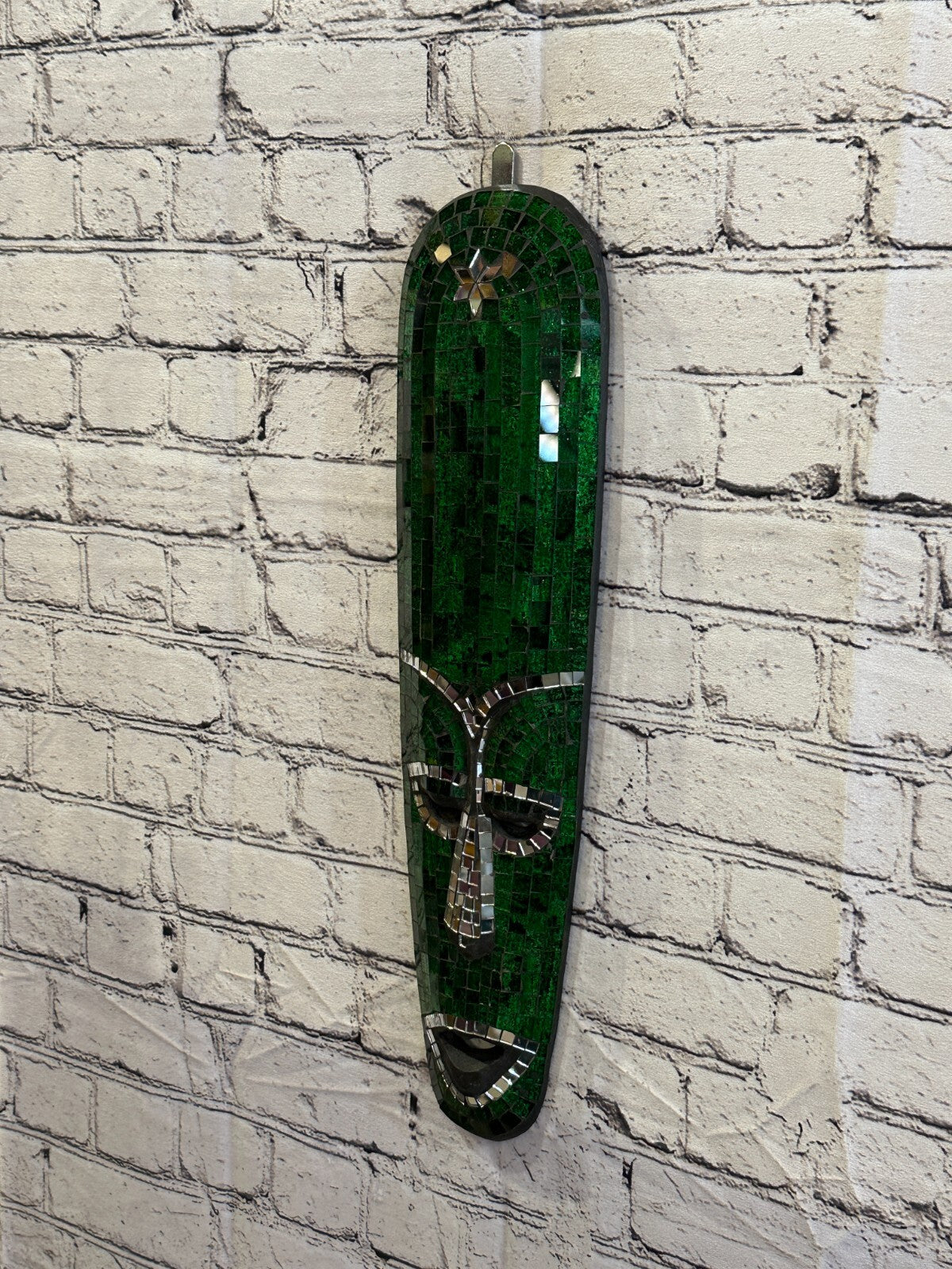50cm Green Mosaic Mirror Mask Carved Painted Ethnic Tribal Wall Art Handmade