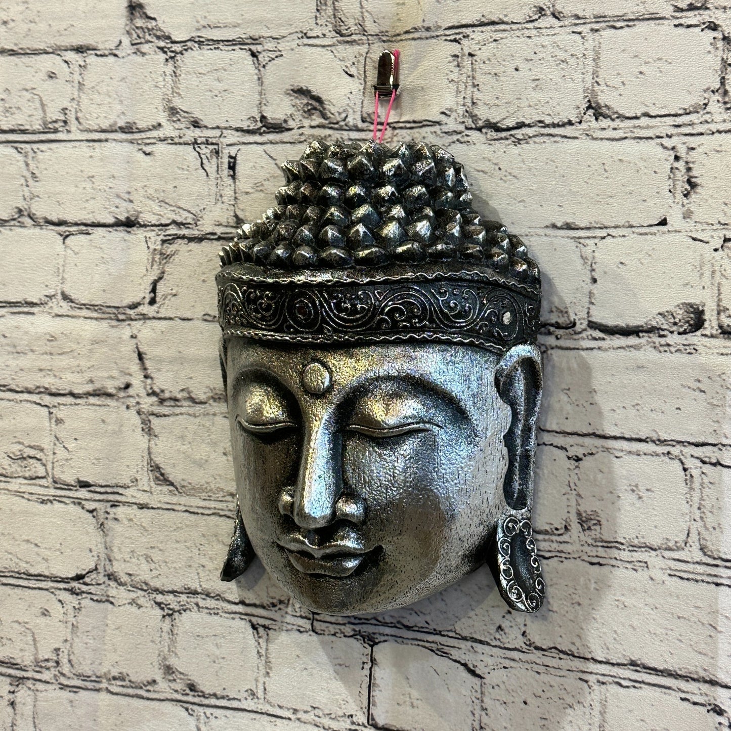 25cm Silver Buddha Head Mask Wooden Hanging Statue Figurine Ornament Fair Trade